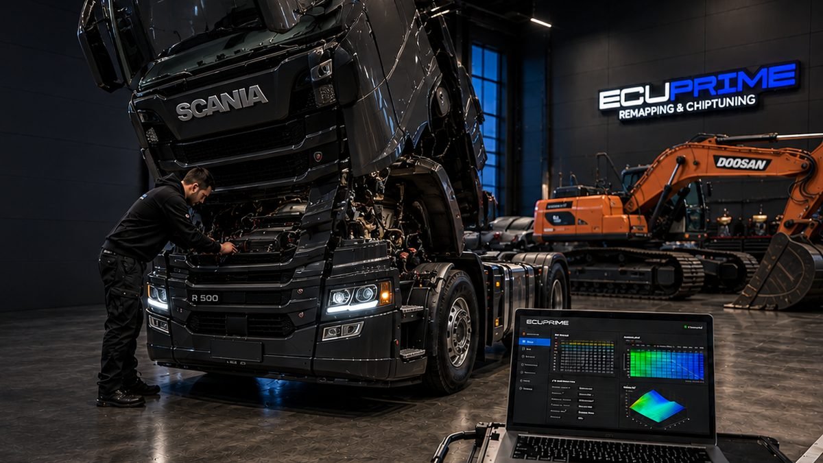 Atölyede Scania çekici ve Doosan ekskavatör üzerinde ECU yazılım çalışması